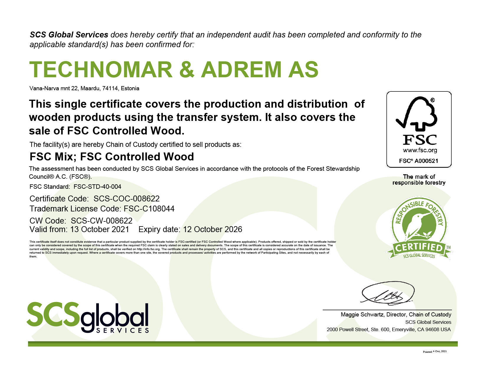 Technomar & Adrem AS FSC SGS global services 2021-01